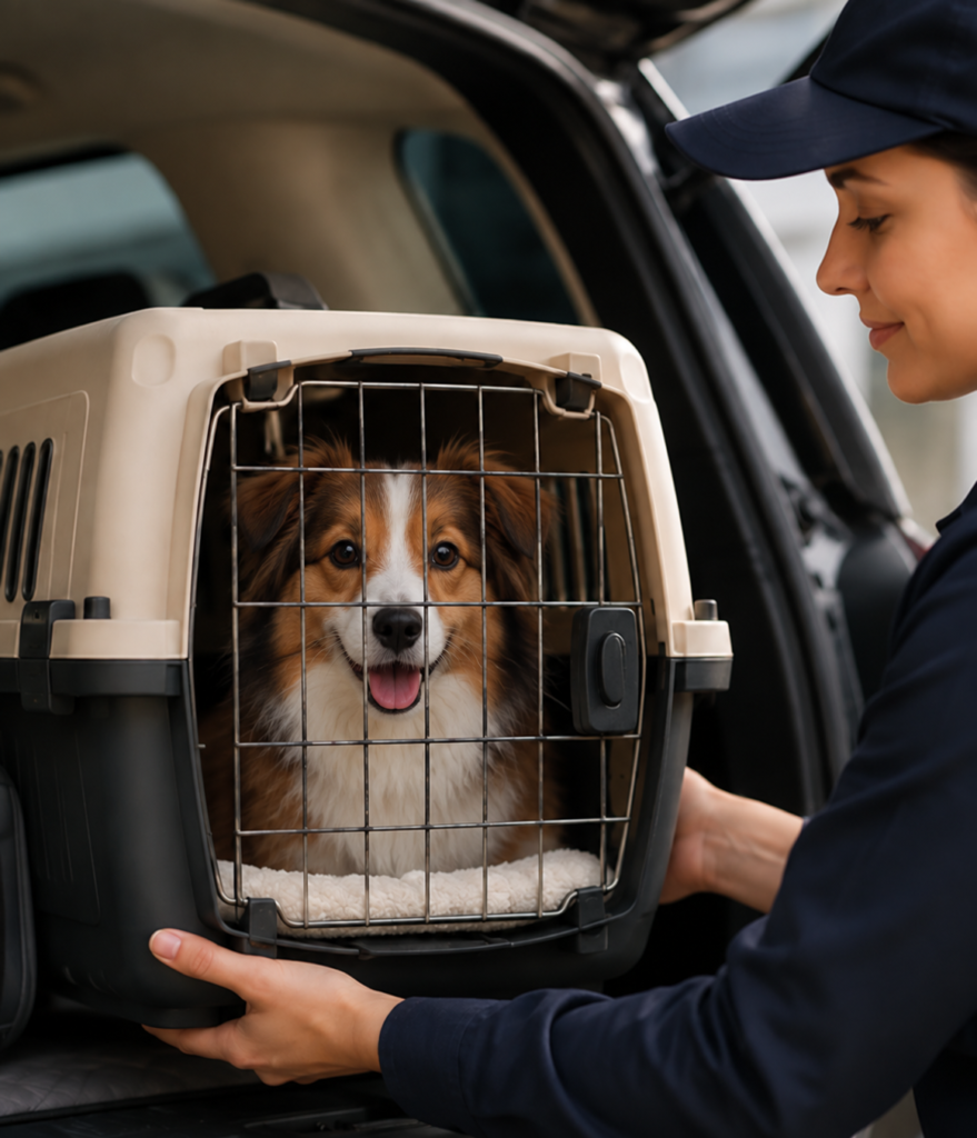 FurShipper driver loading a Sheltie in a travel crate into a transport vehicle