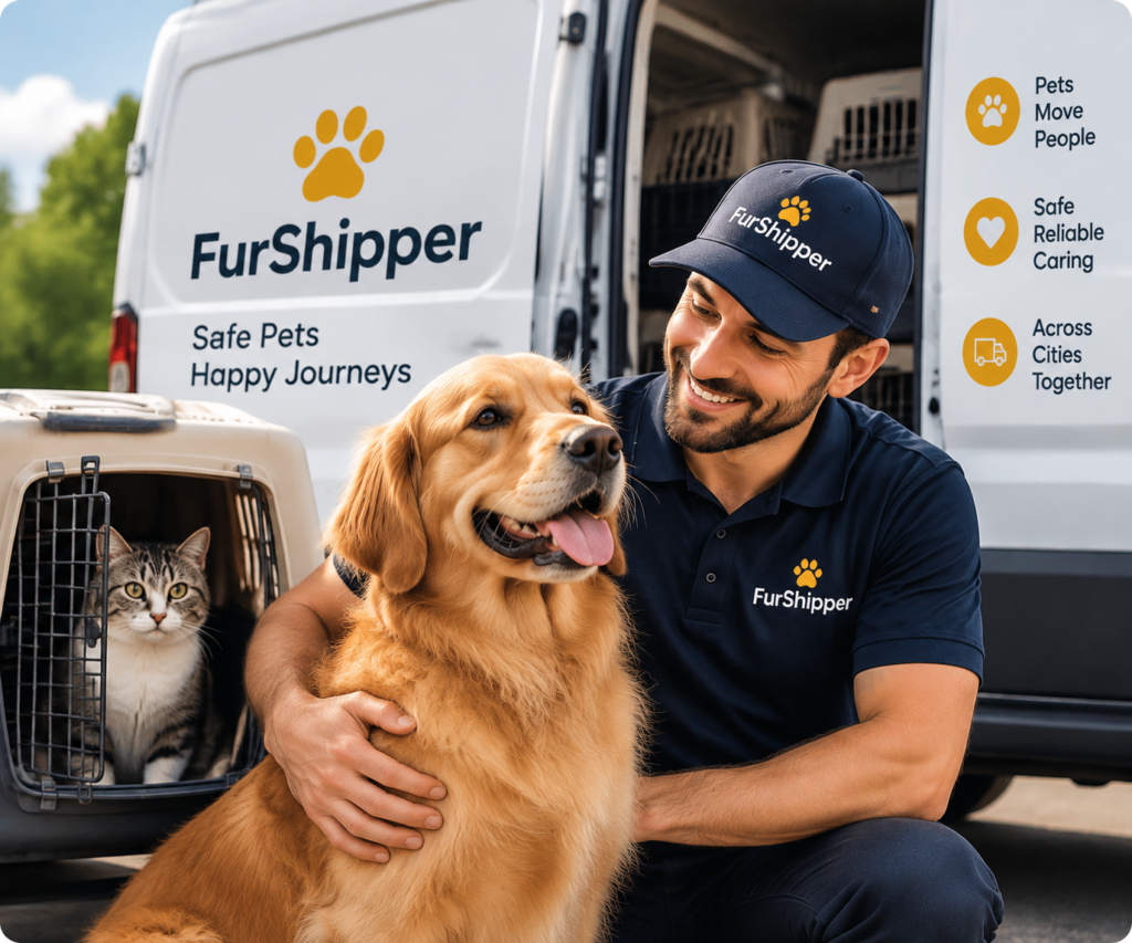FurShipper driver with a Golden Retriever and cat beside a branded pet transport van